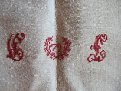 Drap N°363 ancien de milieu en fil de lin monogramme rouge CL72   198 X 320 Cm - Photo 1/4