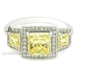 4KT Prinzessin Schnitt Labor-erstellt gelber Diamant 3-Stein Heiligenschein Ring 14K Weißgold FN - Bild 1 von 5