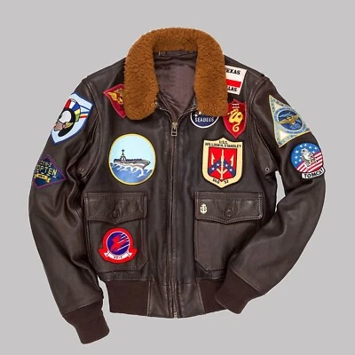 Men's Maverick Top Gun Aviator Pilot Leather Bomber Jacket With Embroidery Patch - Image 1 of 4
