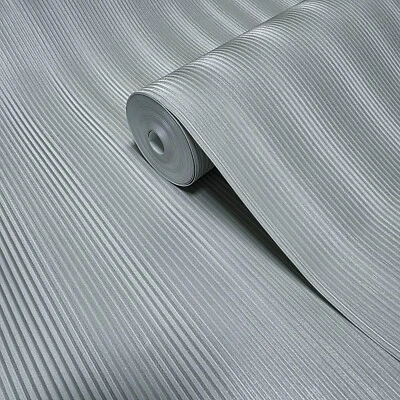 Papel Pintado Moderno Texturizado Gris Satinado Plata Metalizado Líneas Verticales Tela Imitación Foto 1 de 4