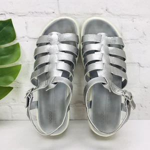 ECCO Women's Sandals 38/7 Metallic Silver Pewter Leather Strap Gladiator Flat - Picture 1 of 14