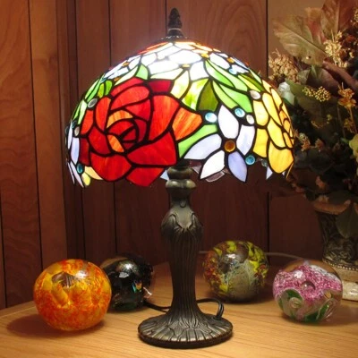 RAINBOW ART GLASS Tiffany Style Stained Glass Rose Flower Table Lamp Antique Bronze Zinc Cast Base