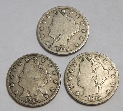 Lot of 3 - Mint Error Planchet Defects - 1912-D Buffalo Nickels Cover