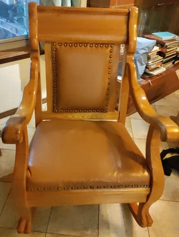 Gorgeous Antique Claw Foot Leather Rocking Chair Hand Carved Studded Empire Cover