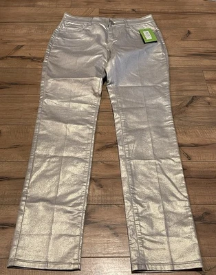 NEW Cartise Silver/Gray Metallic Foil Pants Low Rise Shiny Straight Leg Size 6 - Image 1 of 4