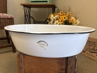Large Enamel Ware Tub Basin Oval Wash Bowl 25” White Black Baby Bath Farmhouse - Image 1 of 4