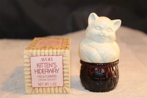AVON DECANTER KITTENS HIDEAWAY FIELD FLOWERS CREAM SACHET 1 OUNCE EMPTY WITH BOX - Picture 1 of 2