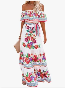 Damen Mexikanisches Blumen Sommer Strand Schulterfrei Maxikleid 3XL * Gürtel fehlt - Bild 1 von 15