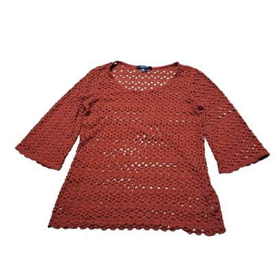 Boho Womens Sz M Crochet Cottage Fall Burnt Orange Scalloped Hem Top Fall  - Image 1 of 4
