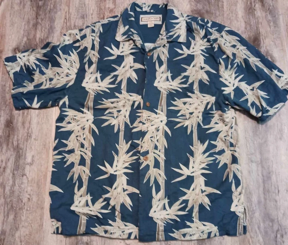 Camisa Hawaiana Jaxx Jaxx Para Hombres Mediana Azul Bambú Manga Corta Abotonada Seda Foto 1 de 4