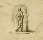 Antique Ink Drawing 19th century Original Figure Woman by a Tomb