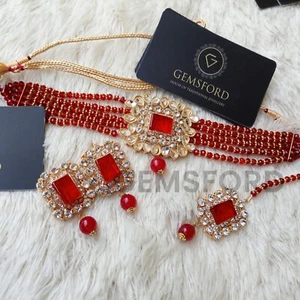 Juego de pendientes gargantilla Tikka indio paquistaní lujo nupcial Kundan joyería - Imagen 1 de 2