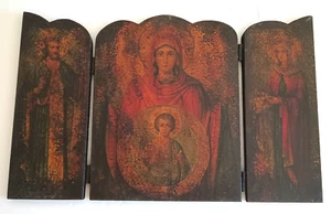 Vintage Triptych Religious Wood Art Leather Hinged Dark Moody Art Tri Fold - Picture 1 of 10