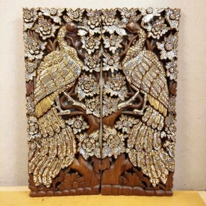 Asian Wood Wall Art Carved  Decor Panel Hanging Peacocks 13.7" X 35.4" X 0.98" - Picture 1 of 10