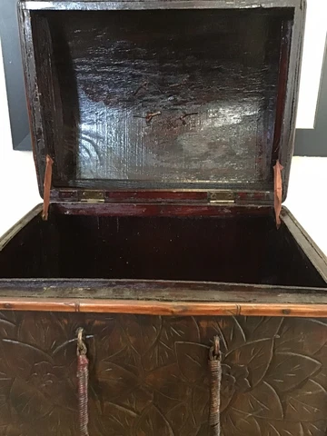 Vintage carved leather and wood Picnic Storage basket Carved  Decor Trunk Cover