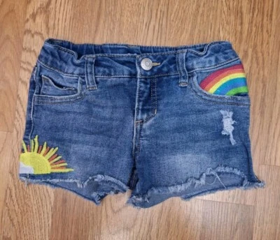 Cat & Jack Girls Embroidered Rainbow Sun Stretch  Adjustable Denim Shorts XS 4/5 - Image 1 of 4