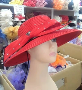 Crystal Bow Ribbon Kentucky Derby Wedding Hat Church Wide Brim Dressy Cocktail  - Picture 1 of 41