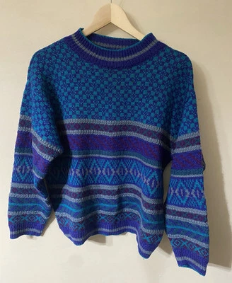 Nomadic Traders Cali Wool Stripe Diamond  Turquoise Blue Purple Sweater L - Image 1 of 4