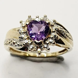9ct Heart Amethyst & Diamond Cluster Twist Shoulder Yellow Gold 375 Ring Size L - Picture 1 of 22