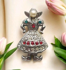 Vtg Faux Pearl Multicolor Rhinestones Silvertone Dutch Girl Small Figural Brooch - Picture 1 of 12