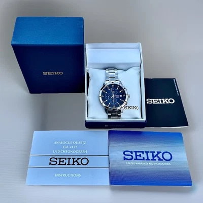 Seiko 4T57-00H0 Chronograph Quartz Blue Dial 100M Stainless Steel Watch NEW - Image 1 of 4