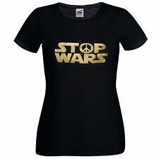 Ladies Black Stop Wars Peace Symbol Pacifist Galaxy Wars Spoof T-Shirt
