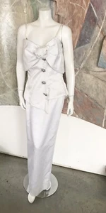 Vintage After Five By Julie Duroche White Satin Bow Front Floral Gown Dress 10 - Picture 1 of 12
