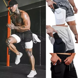 Men's 2 in 1 Running Shorts Compression Gym Workout Training Liner Pockets Pants - Picture 1 of 26
