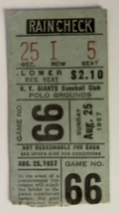 1957 Ticket  Last YR Polo Grounds N Y Giants/ Willie Mays hit/RBI/R 10-1 Win⚾️ - Picture 1 of 4