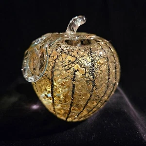 Hand Blown Glass Apple Paperweight Adventurine Black Stripes Applied Stem Leaf - Picture 1 of 18