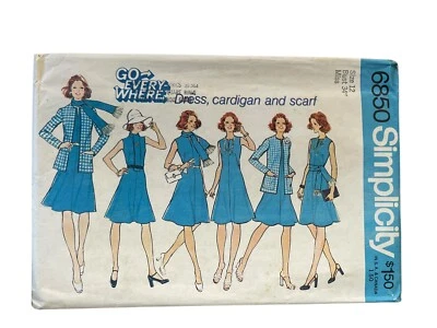 Vintage 1970s Sewing Pattern Simplicity 6580 Dress Cardigan Scarf Casual Size 12 - Image 1 of 2