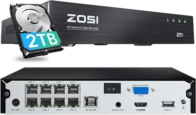 Disco duro ZOSI 4K 8MP CCTV PoE NVR 2TB 24/7 grabación reproducción 8 canales H.265+ Foto 1 de 4