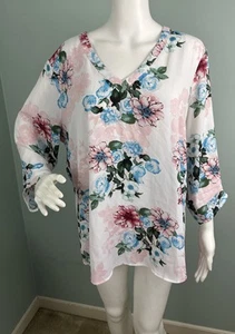 Women's DR2 by Daniel Rainn 3/4 Sleeve Floral Print V-Neck Blouse Top Sz XL - Picture 1 of 10