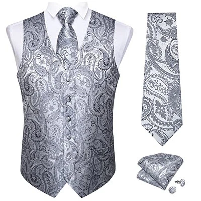  Mens Wedding Paisley Suit Vest, Waistcoat Necktie and 3X-Large 03 Silver - Image 1 of 4