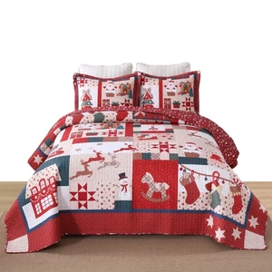 3 PCS Vintage Christmas Patchwork Quilt Set – Reversible Holiday Bedspread BY220 - Picture 1 of 24