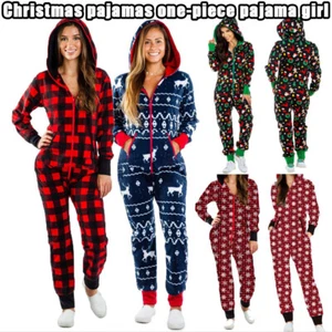 Weihnachten Overall Pyjamas Frauen Winter Drucken Nachtwäsche Zipper Kapuze - Bild 1 von 22