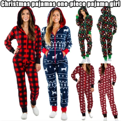 Weihnachten Overall Pyjamas Frauen Winter Drucken Nachtwäsche Zipper Kapuze - Bild 1 von 4