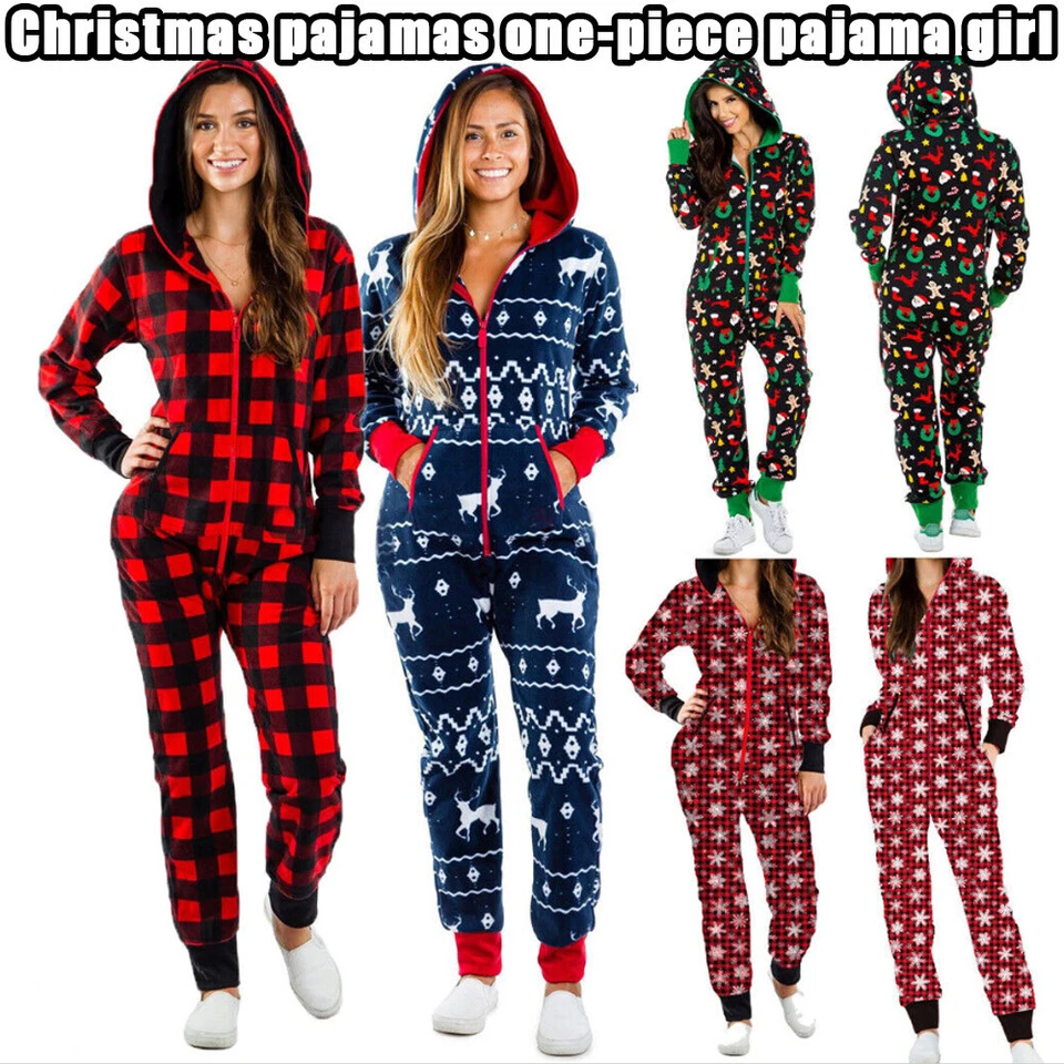 Weihnachten Overall Pyjamas Frauen Winter Drucken Nachtwäsche Zipper Kapuze - Bild 1 von 4