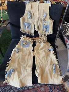 Neiman Marcus Vintage Childs Kids Leather Chaps Vest Cowboy Costume SzM 1970s - Picture 1 of 9