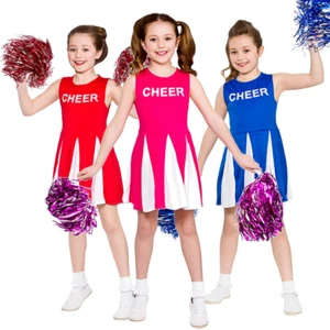 Girls Cheerleader Costume Childrens Child Fancy Dress Kids ADD ON Pom Poms - Picture 1 of 13