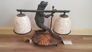 Maitland Smith Bronze Frog on Lilypad with Cane Dual Shade Lamp