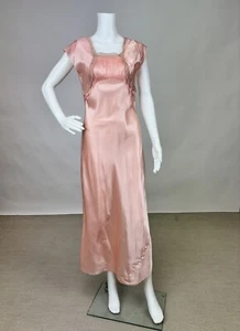 Antique 1930s 1940s Pink Rayon Slip Dress Night gown Full Length Lace Trim AS IS - Picture 1 of 10