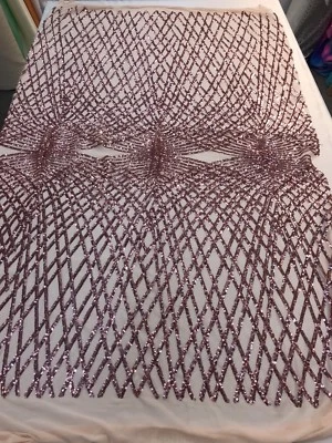 DUSTY ROSE SEQUINS DIAMOND DESIGN EMBROIDERY ON A 4 WAY STRETCH MESH-BY YARD. - Image 1 of 4