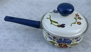 Vintage Enamel Covered Sauce Pan Blue Floral 7" Floral Cookware Pot With Lid - Picture 1 of 19
