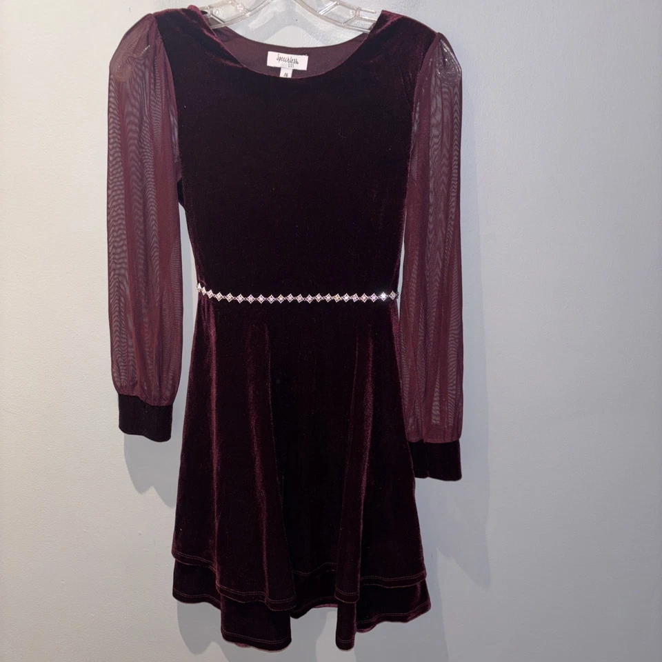 Vestido de terciopelo granate mangas transparentes sin palabras talla 16 adornos de cristal para niñas Foto 1 de 4