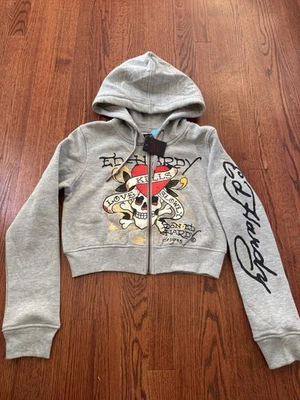NUEVO CON ETIQUETAS Ed Hardy "Love Kills Slowly" Calavera Recortada Cremallera Completa Sudadera con Capucha Gris Talla XL Foto 1 de 4
