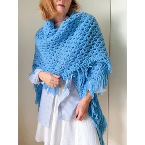 Vintage Crochet Shawl Wrap Baby Blue Accessories Boho Indie Vibes - Picture 1 of 10