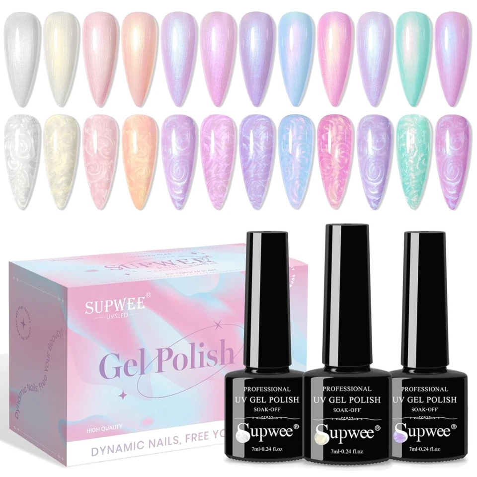 Gel Nagellack-Set, 12 Farben, Glitzer, Perlmutteffekt, Shell, UV, Nagelkunst - Bild 1 von 1