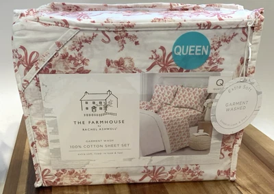 Juego de sábanas Rachel Ashwell Farmhouse Queen todo algodón blanco/rosa flora Shabby Chic Foto 1 de 4