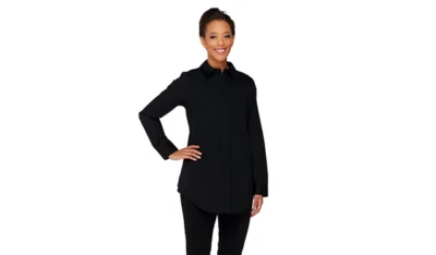 Camisa Dennis Basso Negra Tejida Botón Frontal Dobladillo Cola Túnica Top 20W Foto 1 de 4